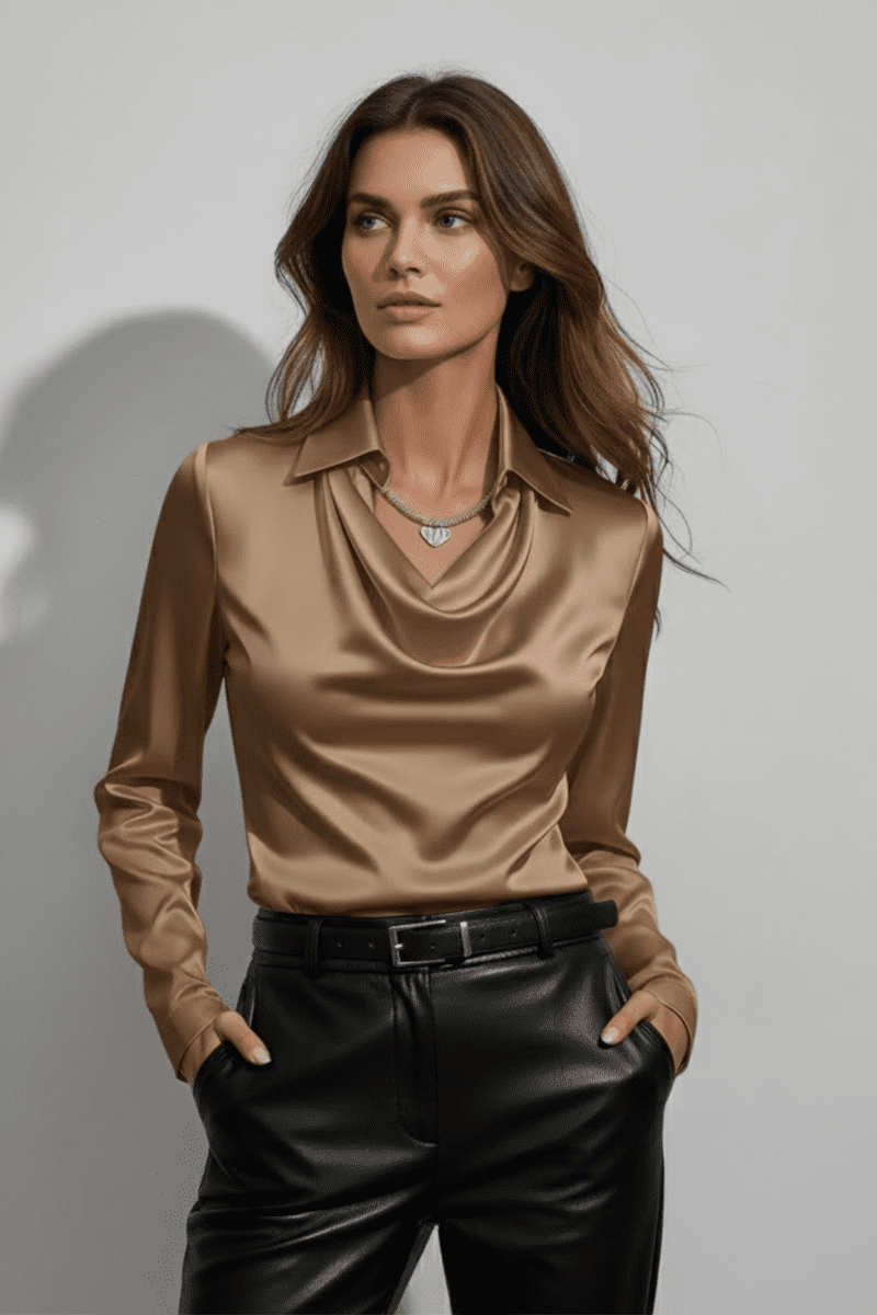 Elegant Women's Long Sleeve Blouse with Draped Cowl Neck Design 1