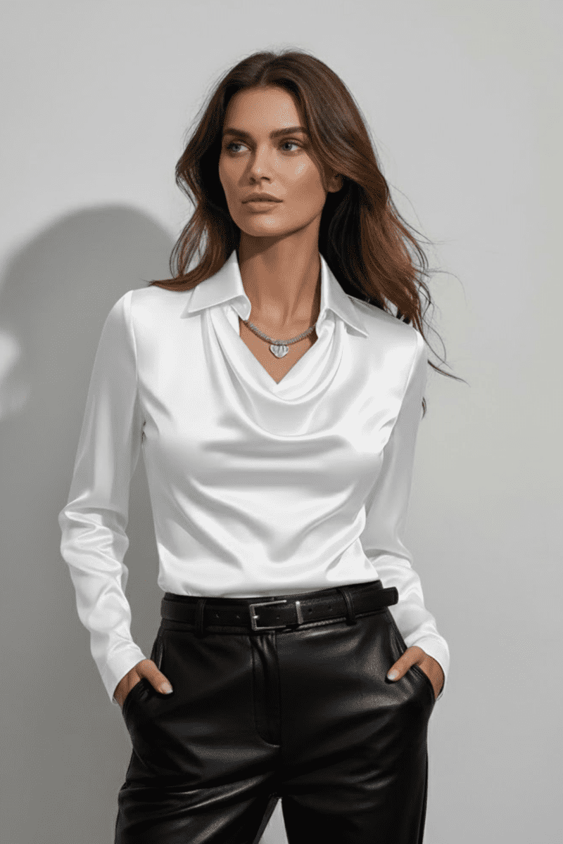 Elegant Women's Long Sleeve Blouse with Draped Cowl Neck Design 2