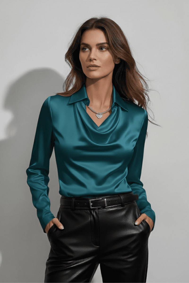 Elegant Women's Long Sleeve Blouse with Draped Cowl Neck Design 3