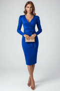 Elegant Women's Long Sleeve Wrap Midi Dress - V-Neck Side Slit Cocktail Dress 0