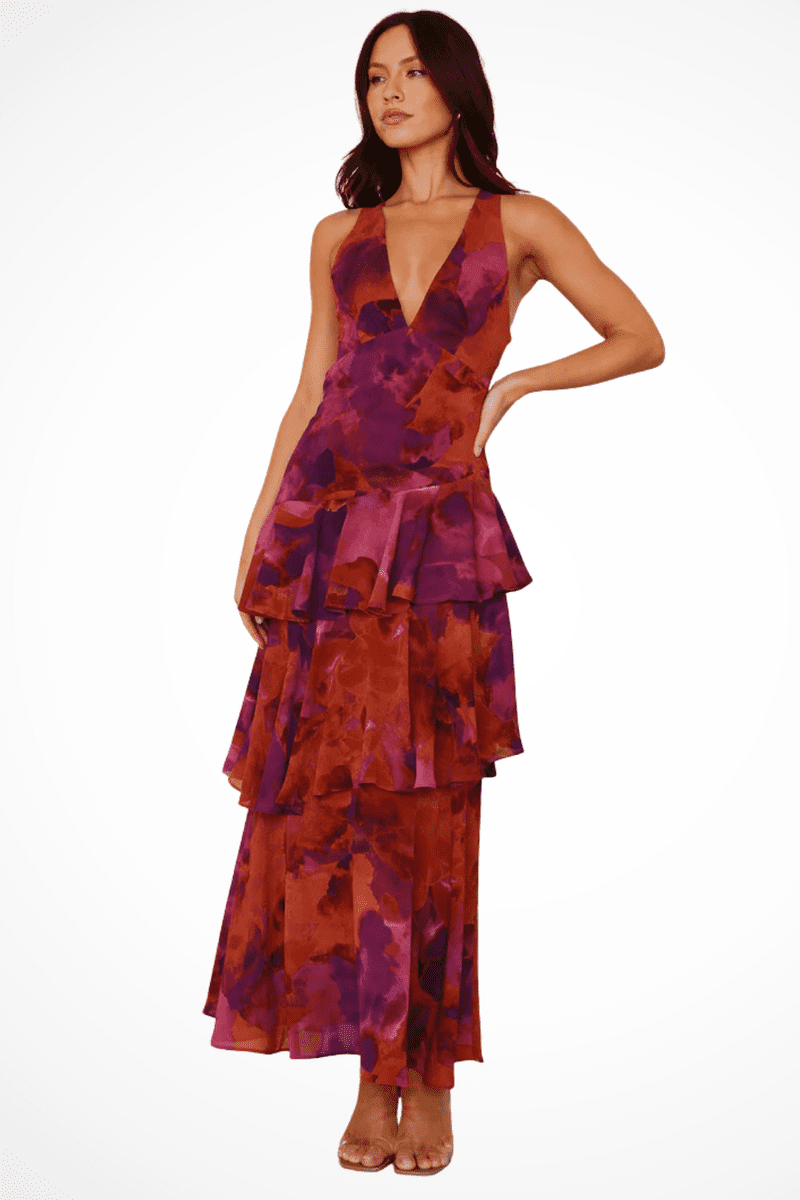 Elegant Women's Maxi Dress - Deep V-Neck Layered Skirt for Formal Events 1