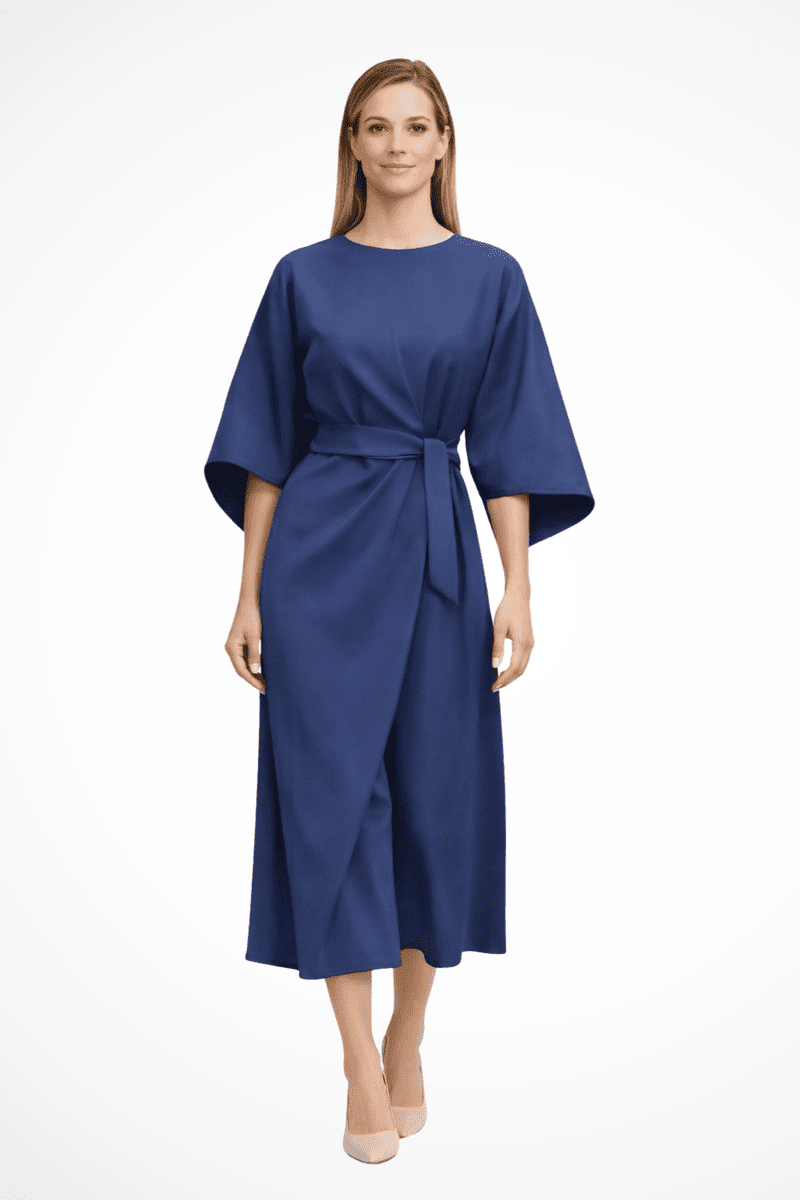 Elegant Women's Midi Dress with Lantern Sleeves & Integrated Belt for Formal Occasions 0
