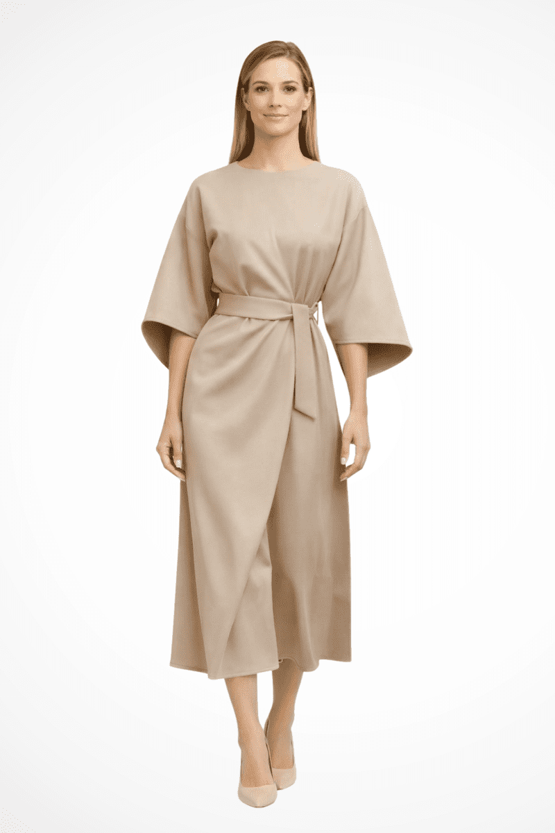 Elegant Women's Midi Dress with Lantern Sleeves & Integrated Belt for Formal Occasions 1