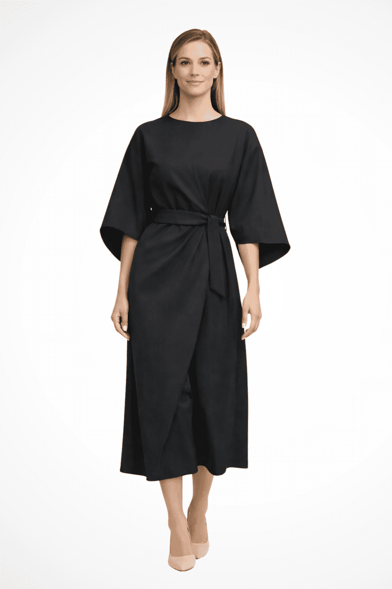 Elegant Women's Midi Dress with Lantern Sleeves & Integrated Belt for Formal Occasions 2