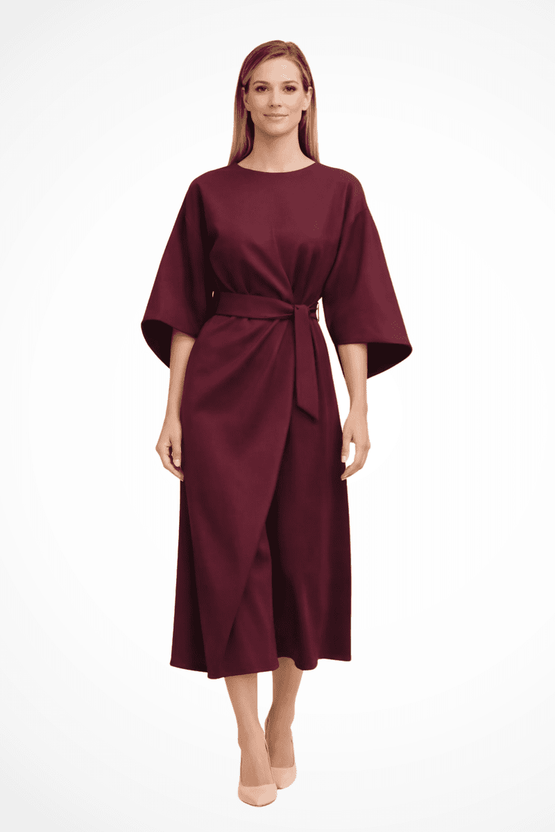 Elegant Women's Midi Dress with Lantern Sleeves & Integrated Belt for Formal Occasions 3