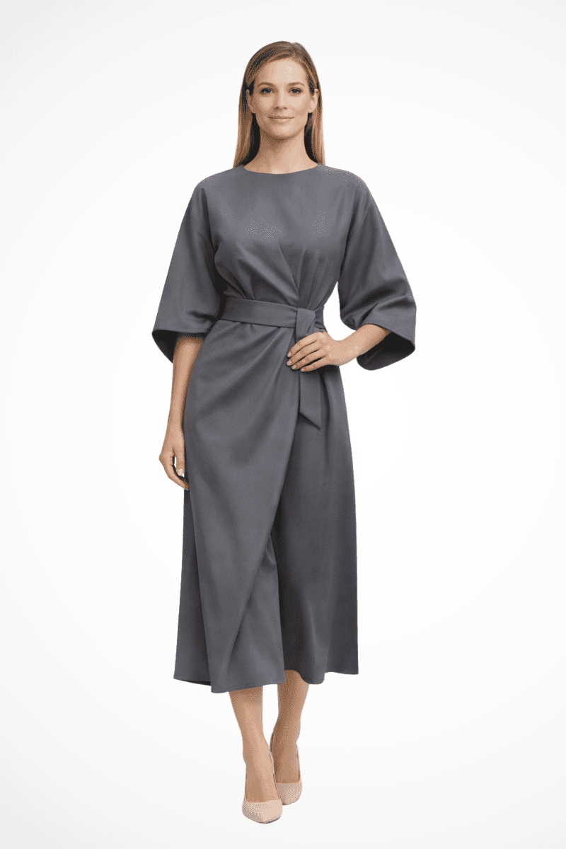 Elegant Women's Midi Dress with Lantern Sleeves & Integrated Belt for Formal Occasions 4