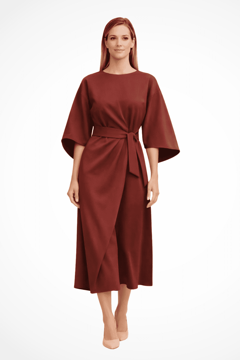 Elegant Women's Midi Dress with Lantern Sleeves & Integrated Belt for Formal Occasions 5