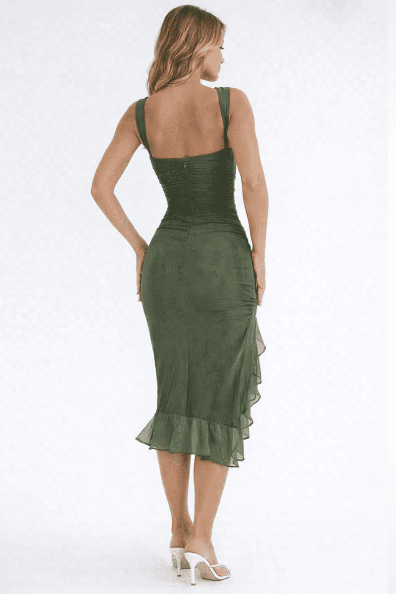 Elegant Women's Ruched Sleeveless Midi Dress with Asymmetric Hem for Formal Events 3