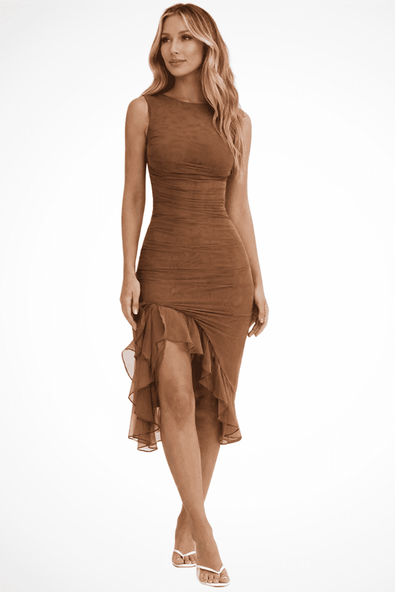 Elegant Women's Ruched Sleeveless Midi Dress with Asymmetric Hem for Formal Events 4