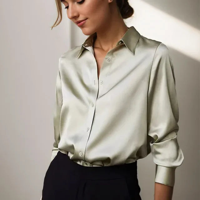 Elegant Women's Satin Blouse - Relaxed Fit Long Sleeve Top with Soft Sheen 0