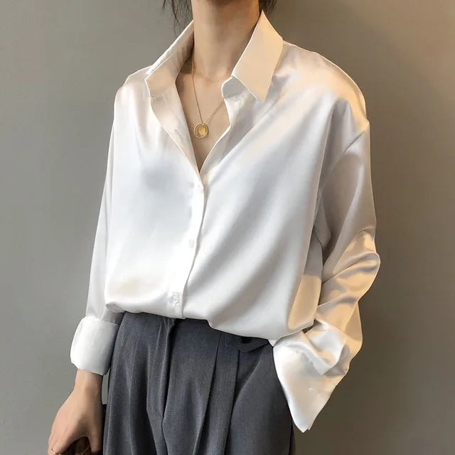Elegant Women's Satin Blouse - Relaxed Fit Long Sleeve Top with Soft Sheen 1