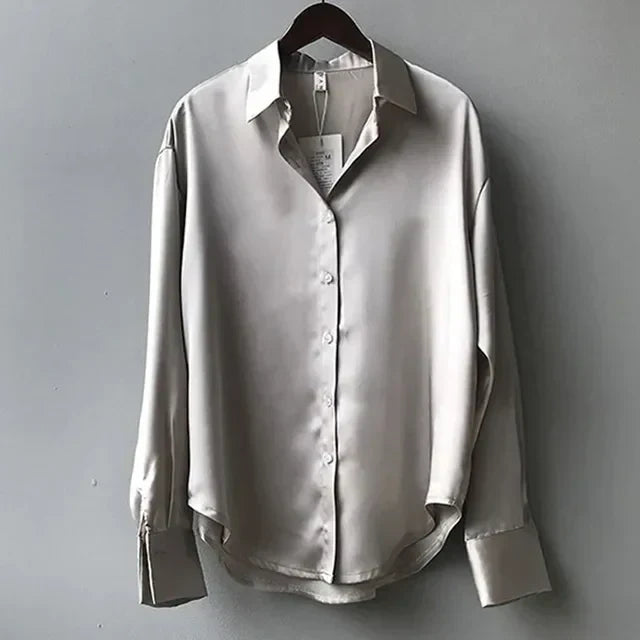 Elegant Women's Satin Blouse - Relaxed Fit Long Sleeve Top with Soft Sheen 2