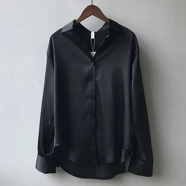 Elegant Women's Satin Blouse - Relaxed Fit Long Sleeve Top with Soft Sheen 3