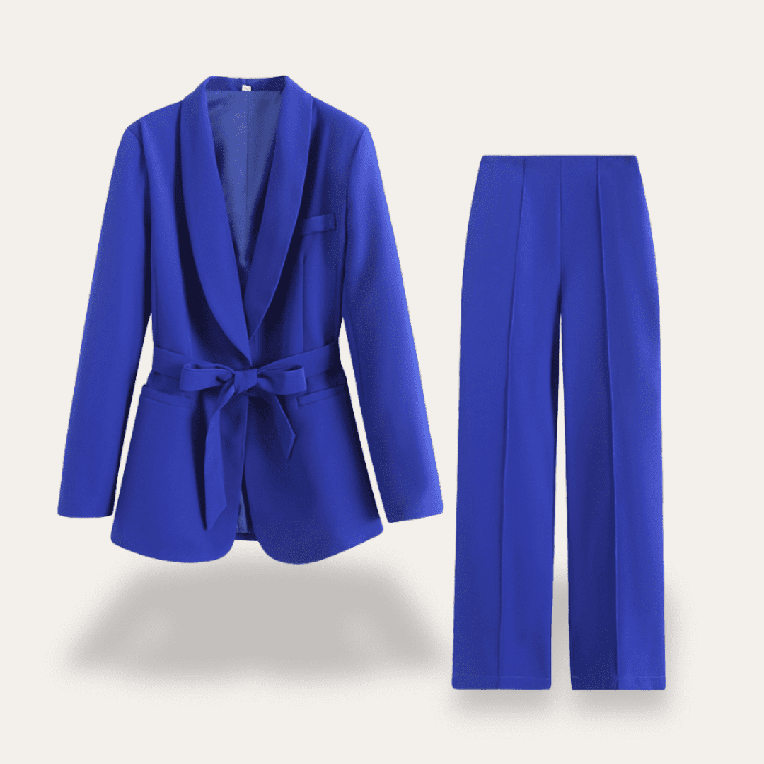Elegant Women's Suit Set - Tailored Blazer with Tie Belt & Wide-Leg Trousers 2
