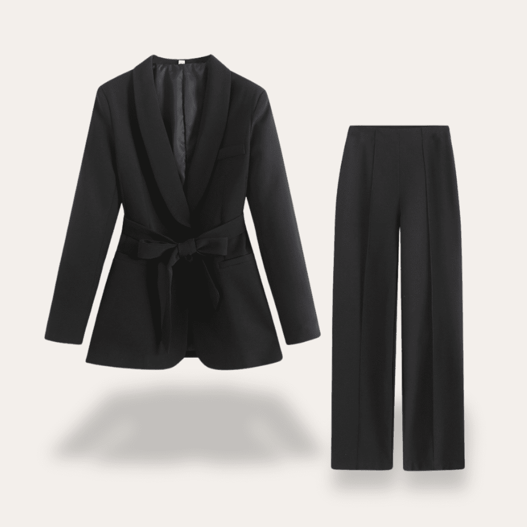 Elegant Women's Suit Set - Tailored Blazer with Tie Belt & Wide-Leg Trousers 3