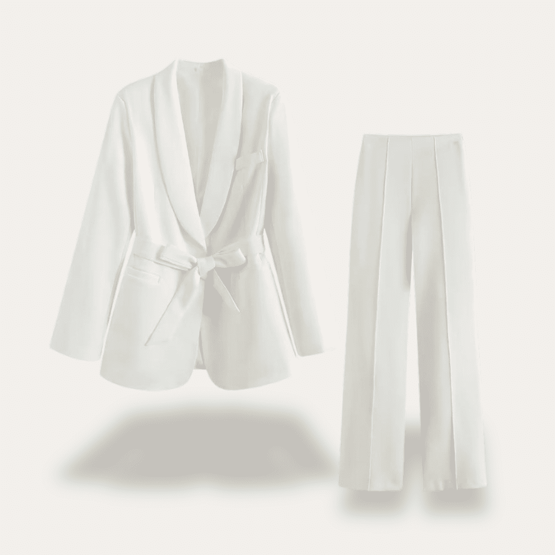 Elegant Women's Suit Set - Tailored Blazer with Tie Belt & Wide-Leg Trousers 4