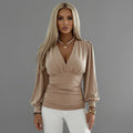 Elegant Women's Top - Deep V-Neck Blouse with Gathered Waist & Voluminous Sleeves 0