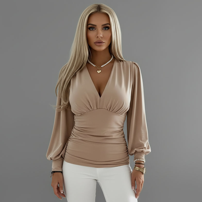 Elegant Women's Top - Deep V-Neck Blouse with Gathered Waist & Voluminous Sleeves 0
