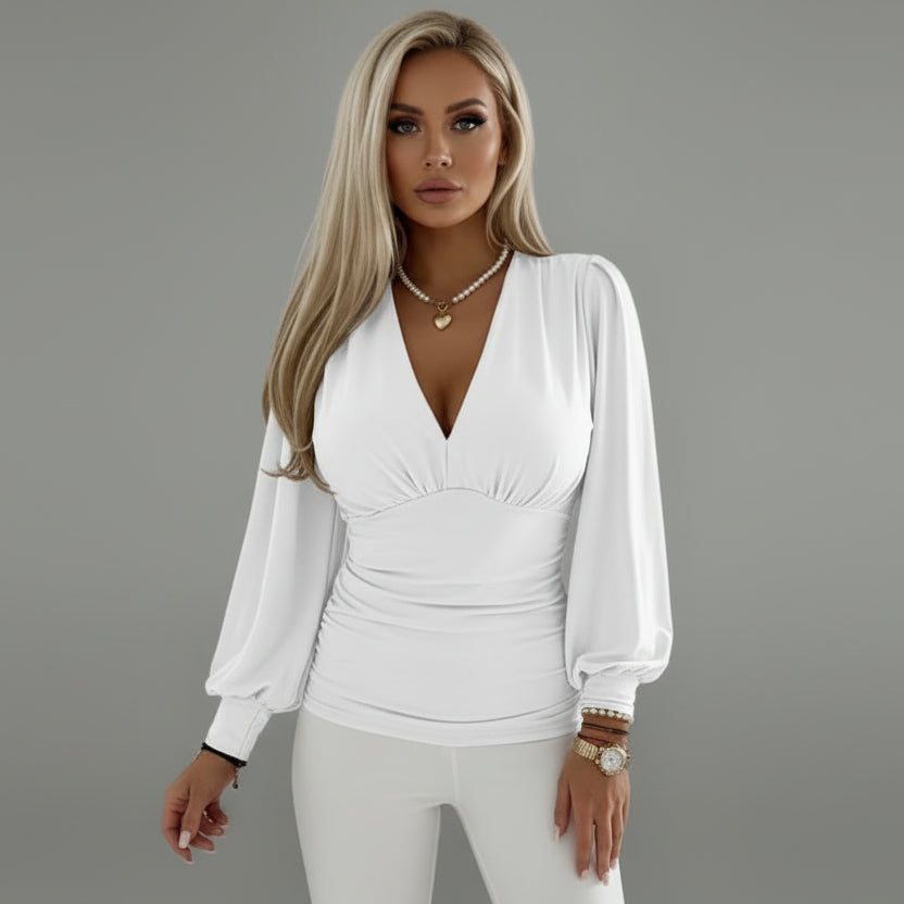 Elegant Women's Top - Deep V-Neck Blouse with Gathered Waist & Voluminous Sleeves 2