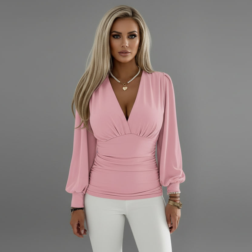 Elegant Women's Top - Deep V-Neck Blouse with Gathered Waist & Voluminous Sleeves 3