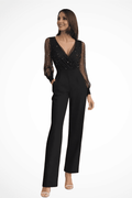 Elegant Women's V Neck Wide Leg Jumpsuit with Sheer Sleeves for Formal Events 0