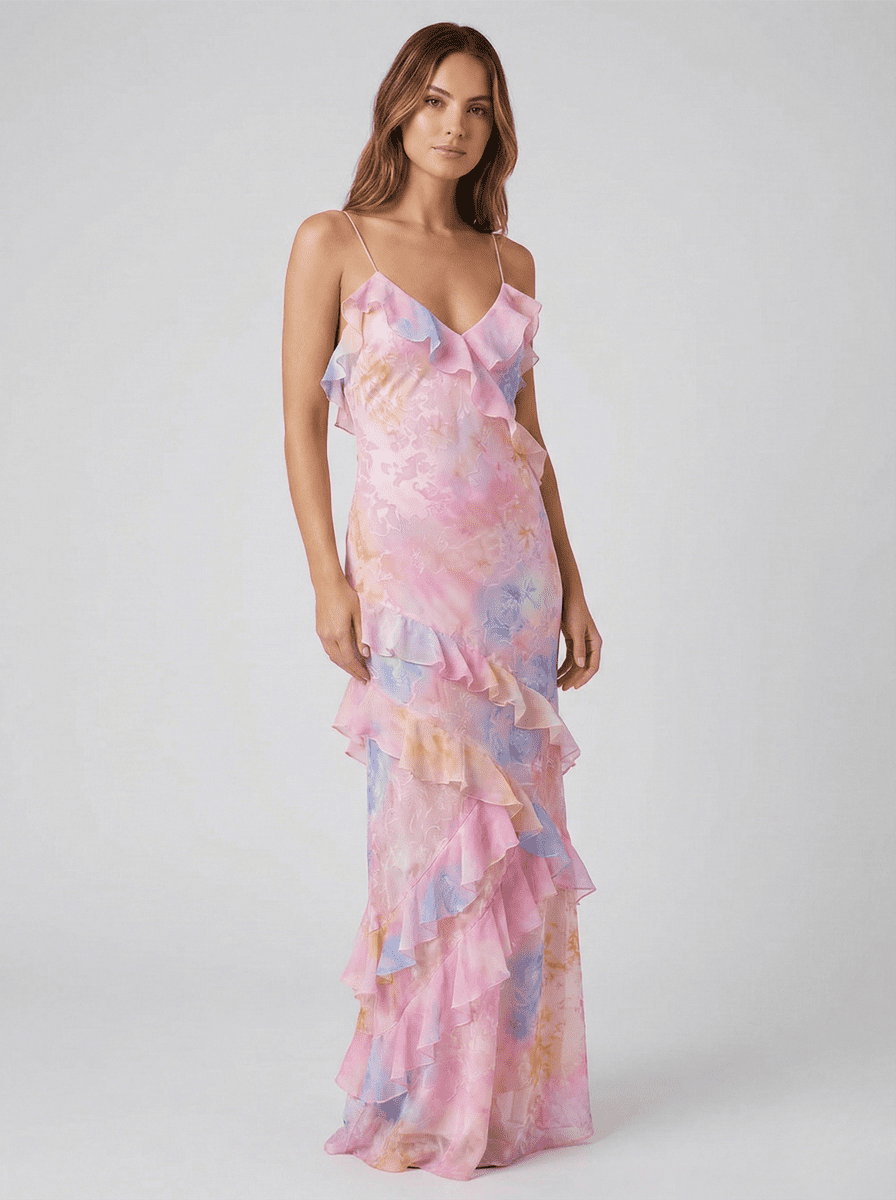 Ethereal Flow Ruffle Maxi Dress - Floral Design for Women, Soft Pastel Elegance 0