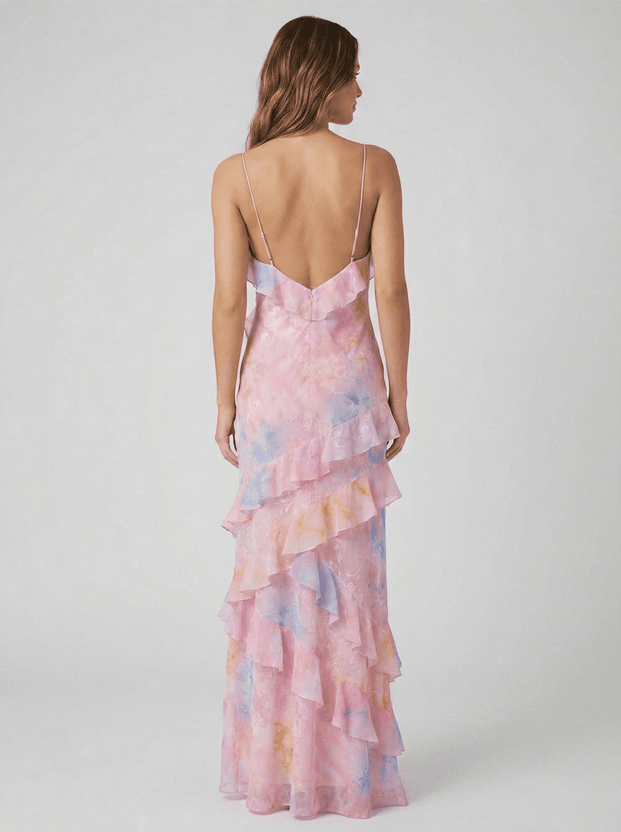 Ethereal Flow Ruffle Maxi Dress - Floral Design for Women, Soft Pastel Elegance 1