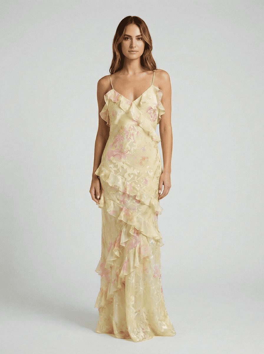Ethereal Flow Ruffle Maxi Dress - Floral Design for Women, Soft Pastel Elegance 2
