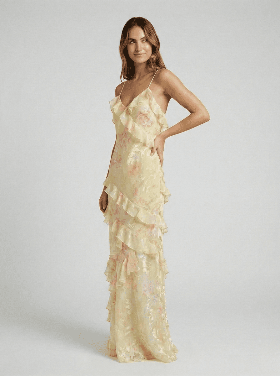 Ethereal Flow Ruffle Maxi Dress - Floral Design for Women, Soft Pastel Elegance 3