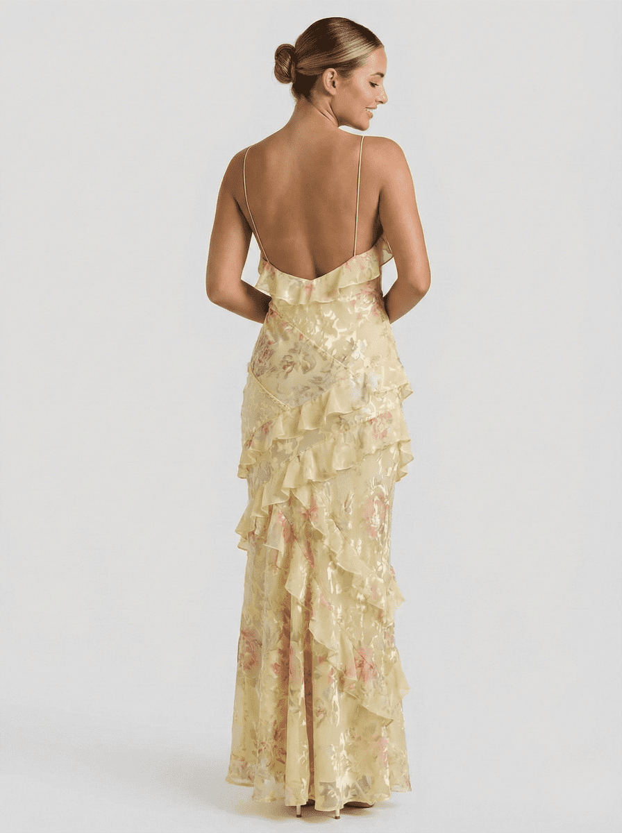 Ethereal Flow Ruffle Maxi Dress - Floral Design for Women, Soft Pastel Elegance 4