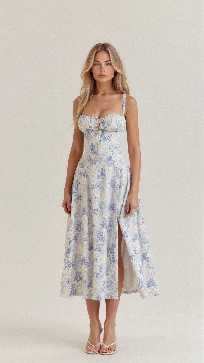 Floral Midi Dress for Women with Corset Back & Side Slit - Summer Elegance 2