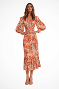 Floral V Neck Long Sleeve Midi Dress for Women - Lightweight Summer Dress 0