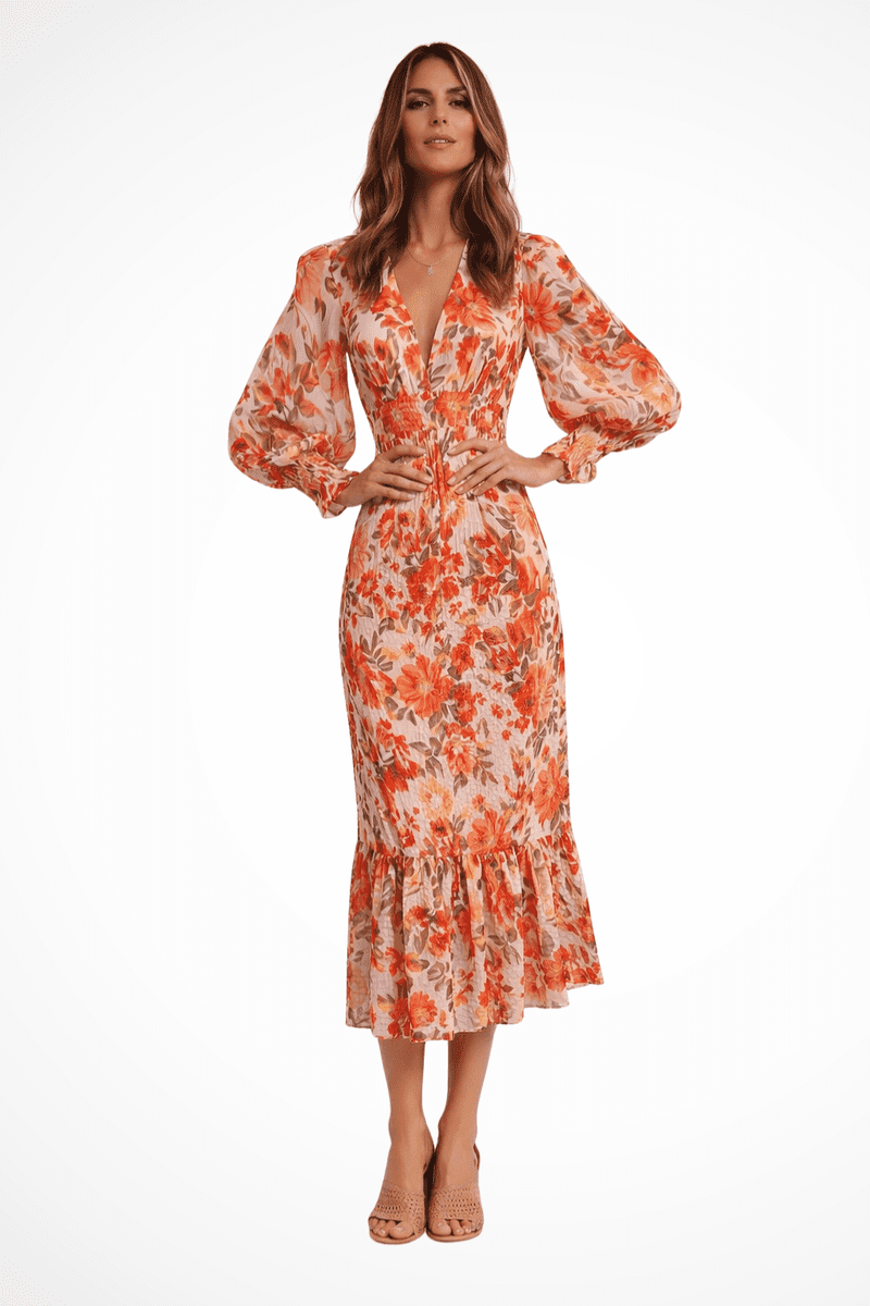Floral V Neck Long Sleeve Midi Dress for Women - Lightweight Summer Dress 0