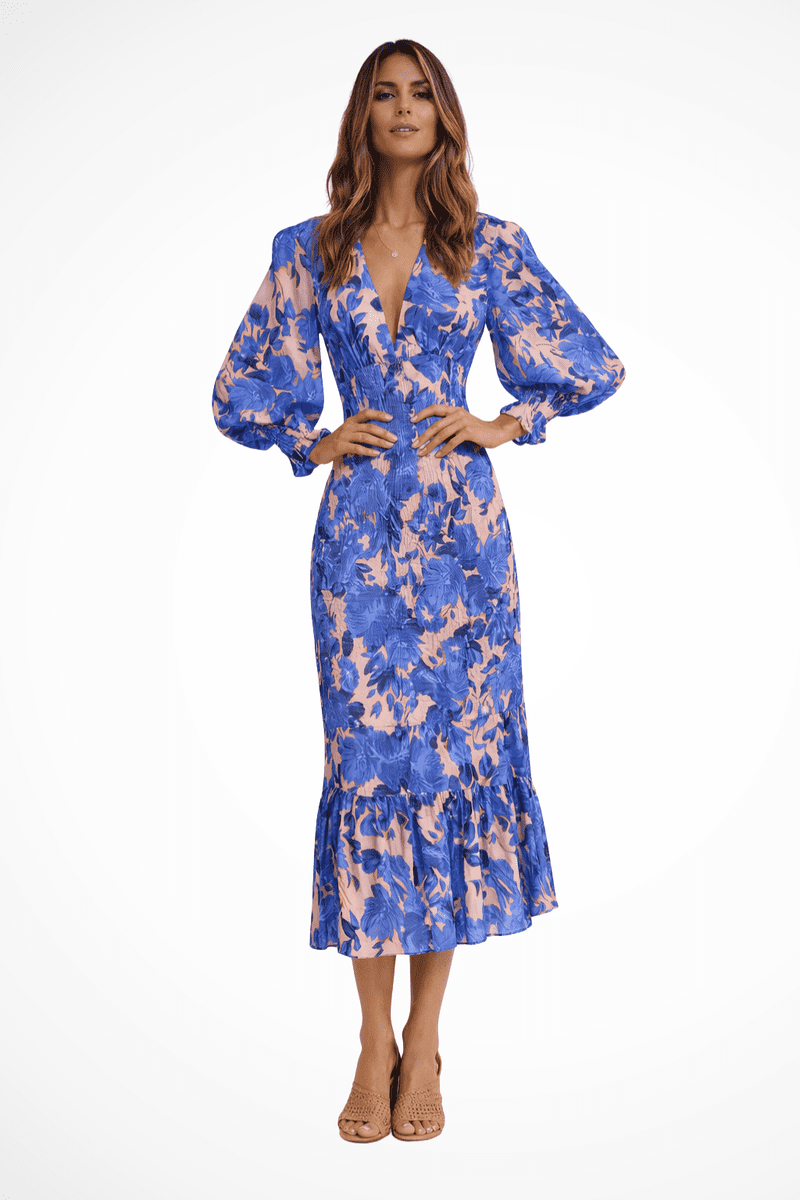 Floral V Neck Long Sleeve Midi Dress for Women - Lightweight Summer Dress 2