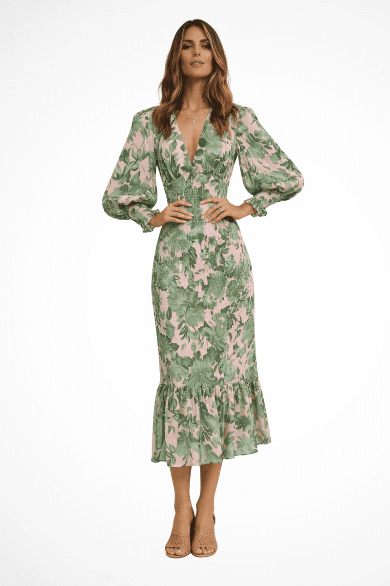 Floral V Neck Long Sleeve Midi Dress for Women - Lightweight Summer Dress 4