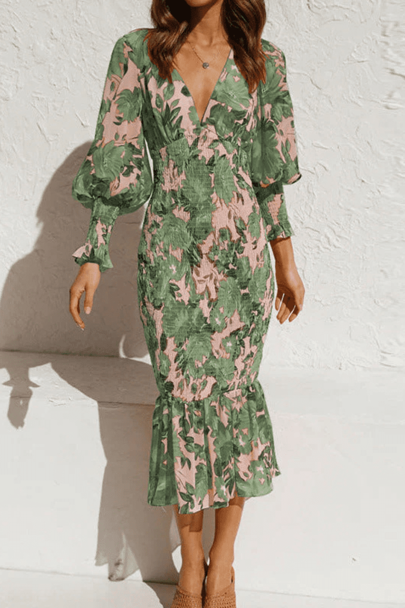 Floral V Neck Long Sleeve Midi Dress for Women - Lightweight Summer Dress 5