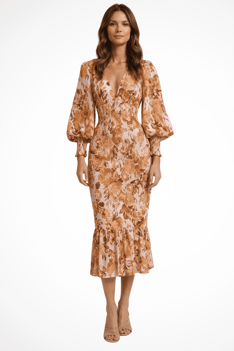 Floral V Neck Long Sleeve Midi Dress for Women - Lightweight Summer Dress 6