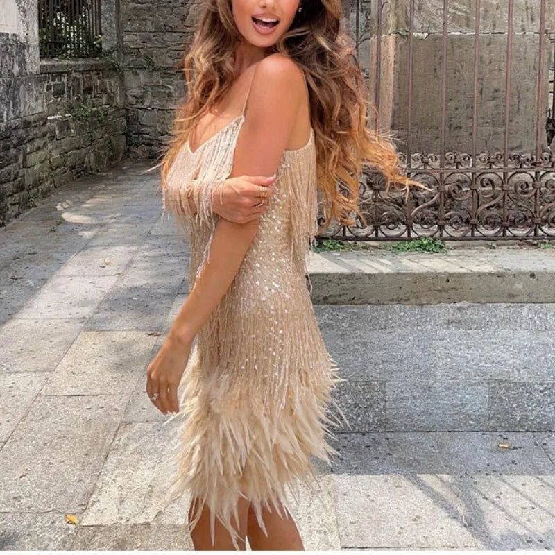 Glimmer - Dazzling Sequin Mini Dress with Feather Trim & Adjustable Straps 1