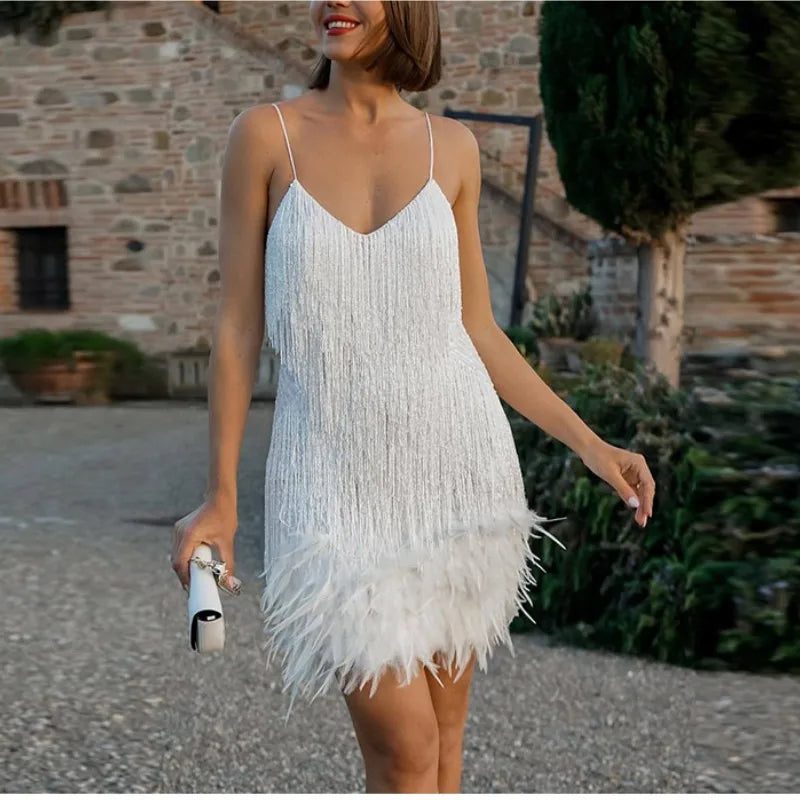 Glimmer - Dazzling Sequin Mini Dress with Feather Trim & Adjustable Straps 10
