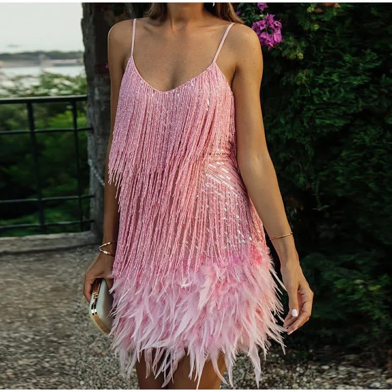 Glimmer - Dazzling Sequin Mini Dress with Feather Trim & Adjustable Straps 3