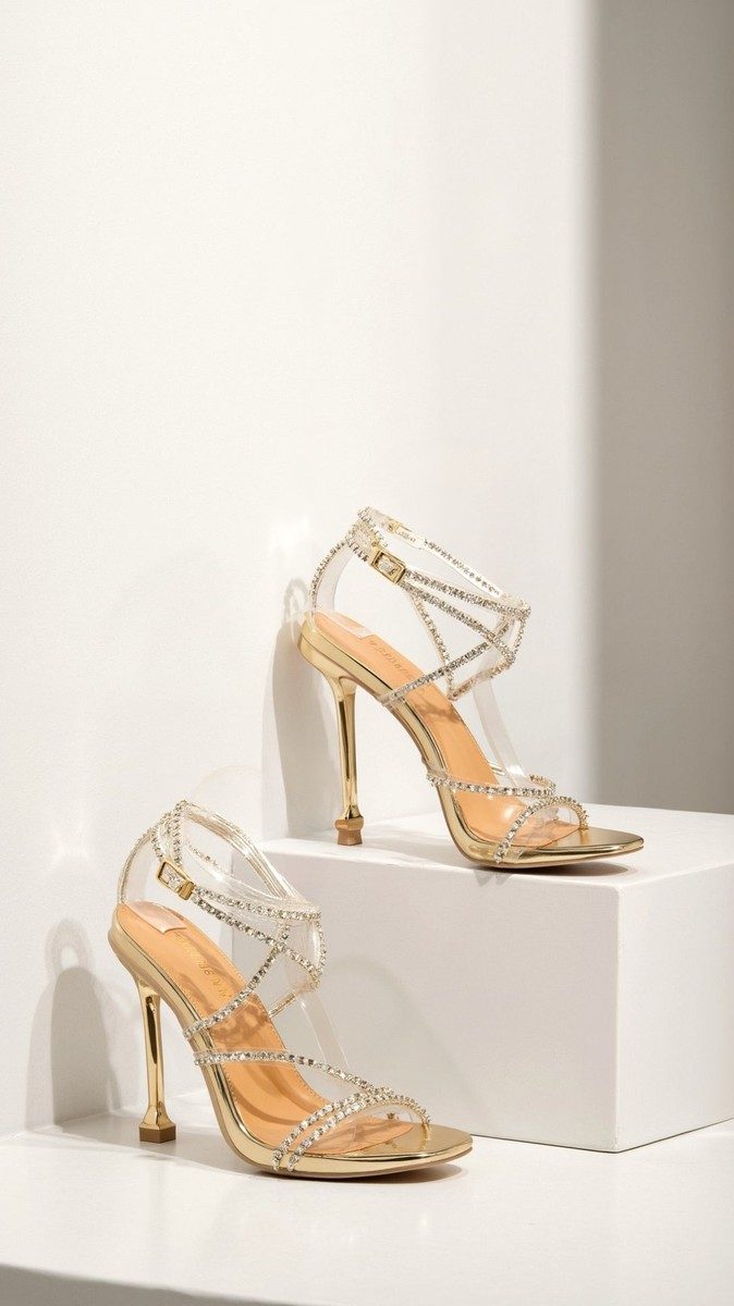 Gold Mid Heel Shoes with Rhinestone Straps & Stiletto Design for Glamorous Occasions 2
