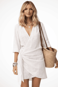 Lightweight Linen Women's Wrap Mini Dress with Asymmetrical Hem for Summer 0
