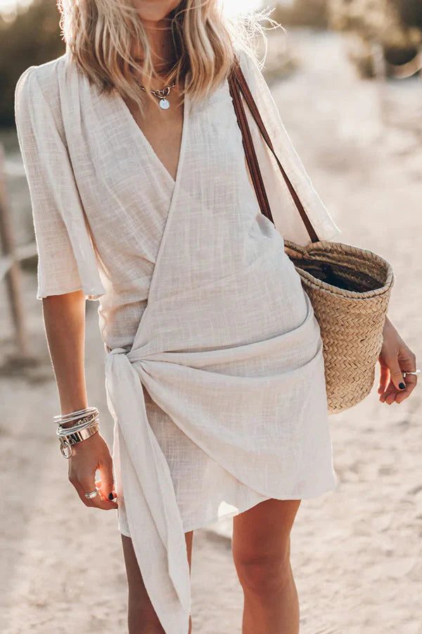 Lightweight Linen Women's Wrap Mini Dress with Asymmetrical Hem for Summer 1