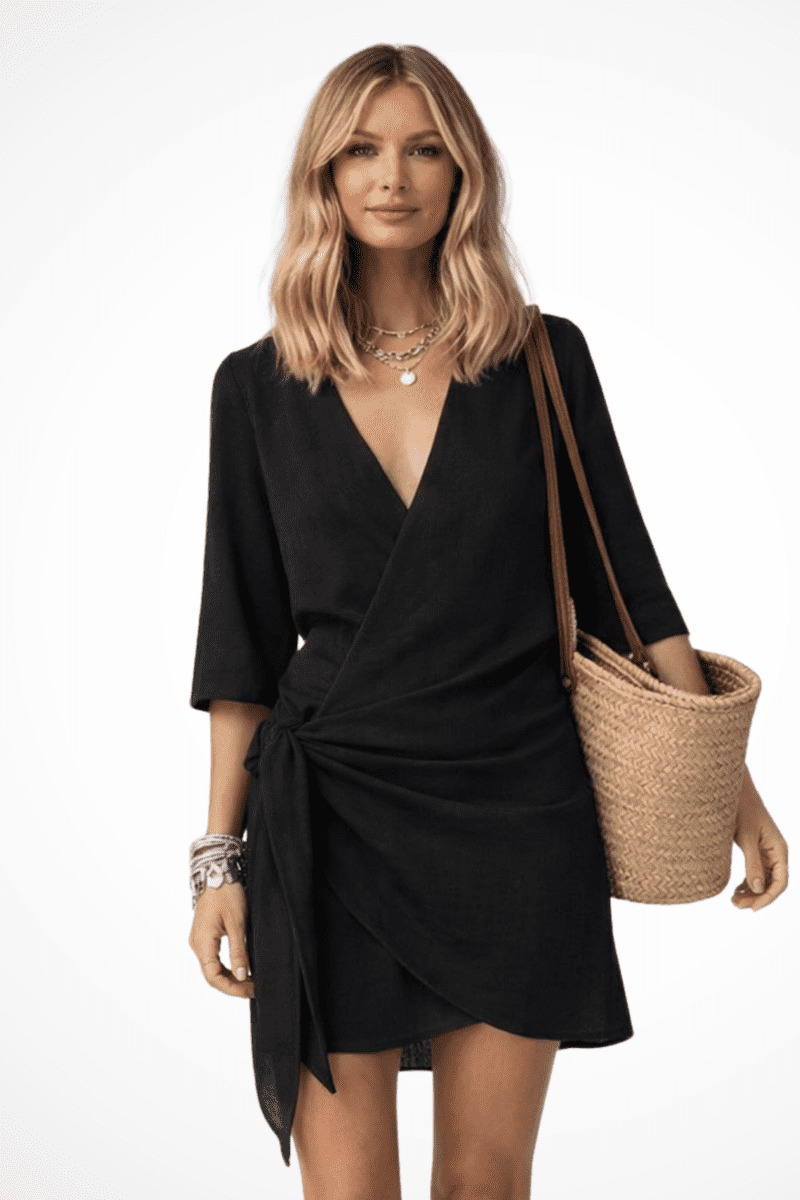 Lightweight Linen Women's Wrap Mini Dress with Asymmetrical Hem for Summer 2