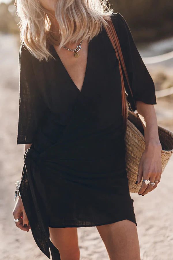 Lightweight Linen Women's Wrap Mini Dress with Asymmetrical Hem for Summer 3