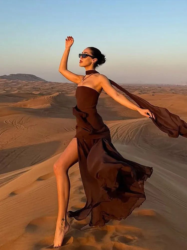 Luna's Enchanted Motion - High-Slit Maxi Dress for Women with Sheer Overlay 5