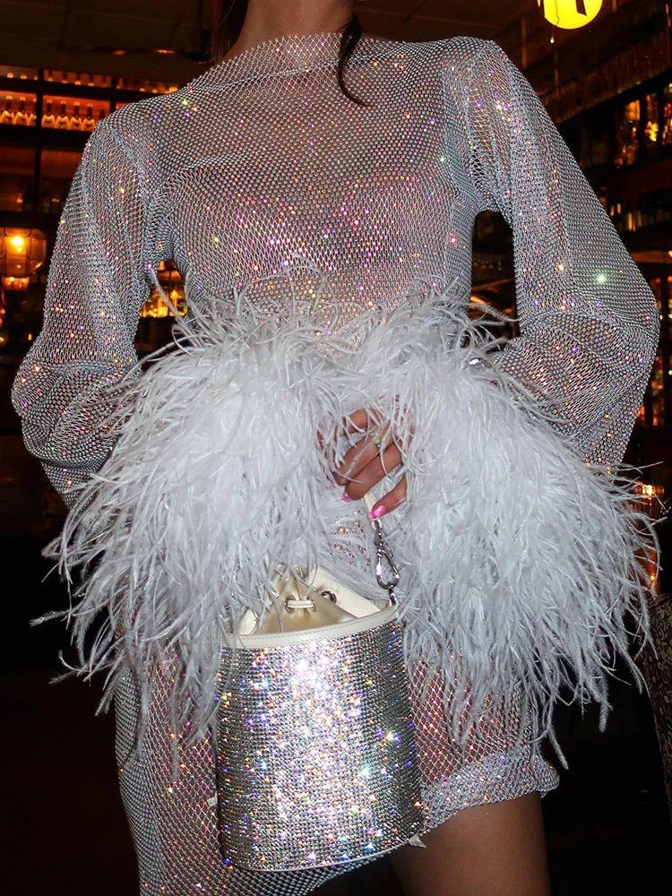 Luna's Metallic Mini Dress with Feather Accents & Shimmering Cuffs 8