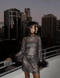Metallic Mini Dress with Feather Accents & Shimmering Cuffs 0