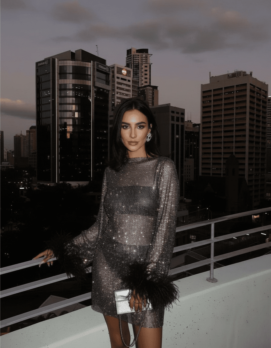 Metallic Mini Dress with Feather Accents & Shimmering Cuffs 1
