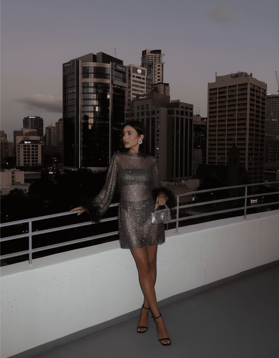 Metallic Mini Dress with Feather Accents & Shimmering Cuffs 2